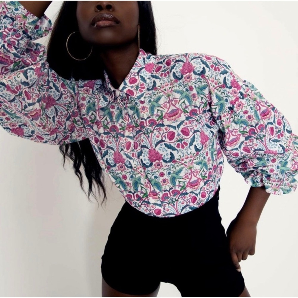 BlackMilk Kingfisher Puff Sleeve Blouse Floral Bird Print Cotton Shirt AU 12 US8
